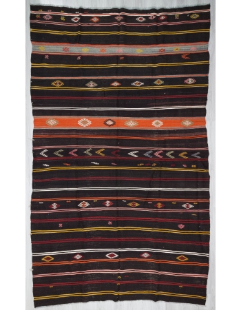 Vintage black striped large Turkish kilim rug