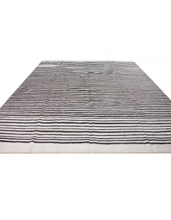 Black & White Striped Large Hemp Kilim Rug - 9`10