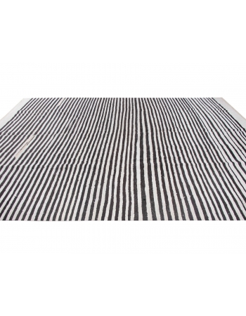 Black & White Striped Large Hemp Kilim Rug - 9`10