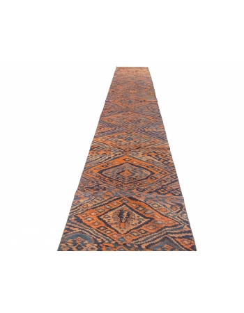 Orange & Blue Long Vintage Kilim Runner - 3`3