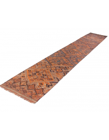 Orange & Blue Long Vintage Kilim Runner - 3`3