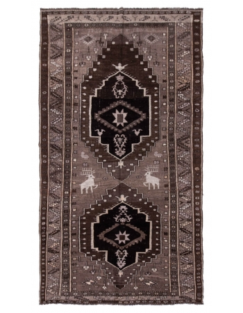 Brown Vintage Turkish Kars Rug With Deer Motif - 6`8" x 12`4"