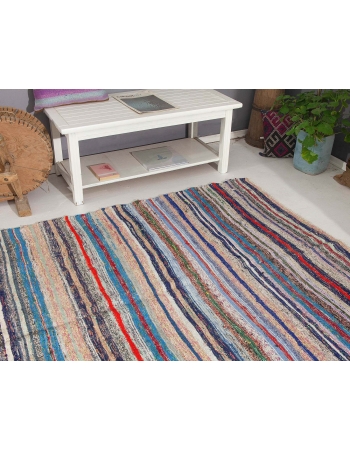 Vintage Striped Turkish Rag Kilim Rug - 5`6