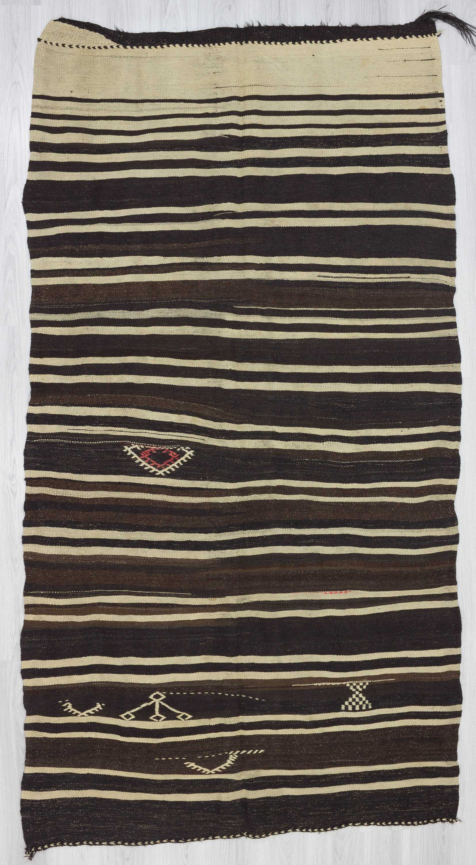 Black Brown White striped vintage kilim rug